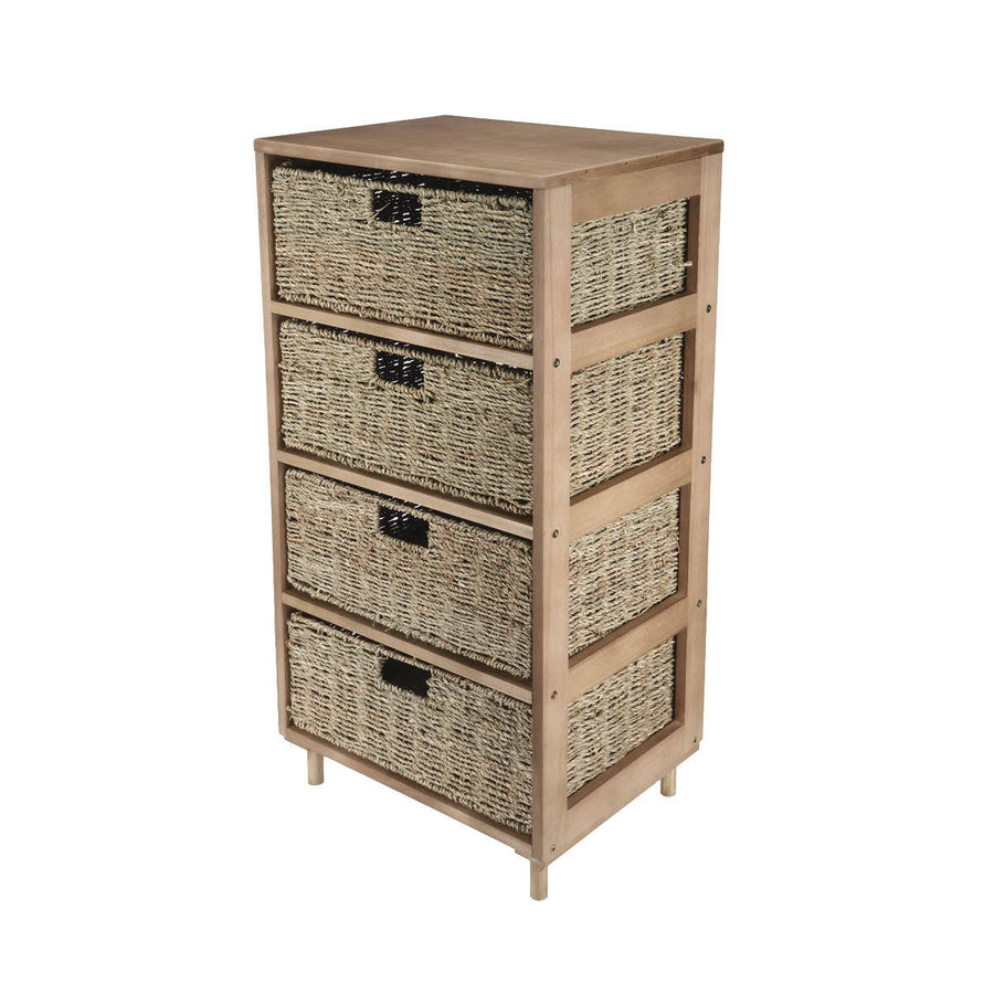 4 Drawer Natural Seagrass Wooden Storage Chest Stylish 85cm