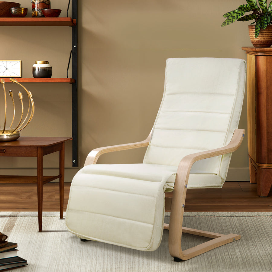 Fabric Armchair with Adjustable Footrest - Beige