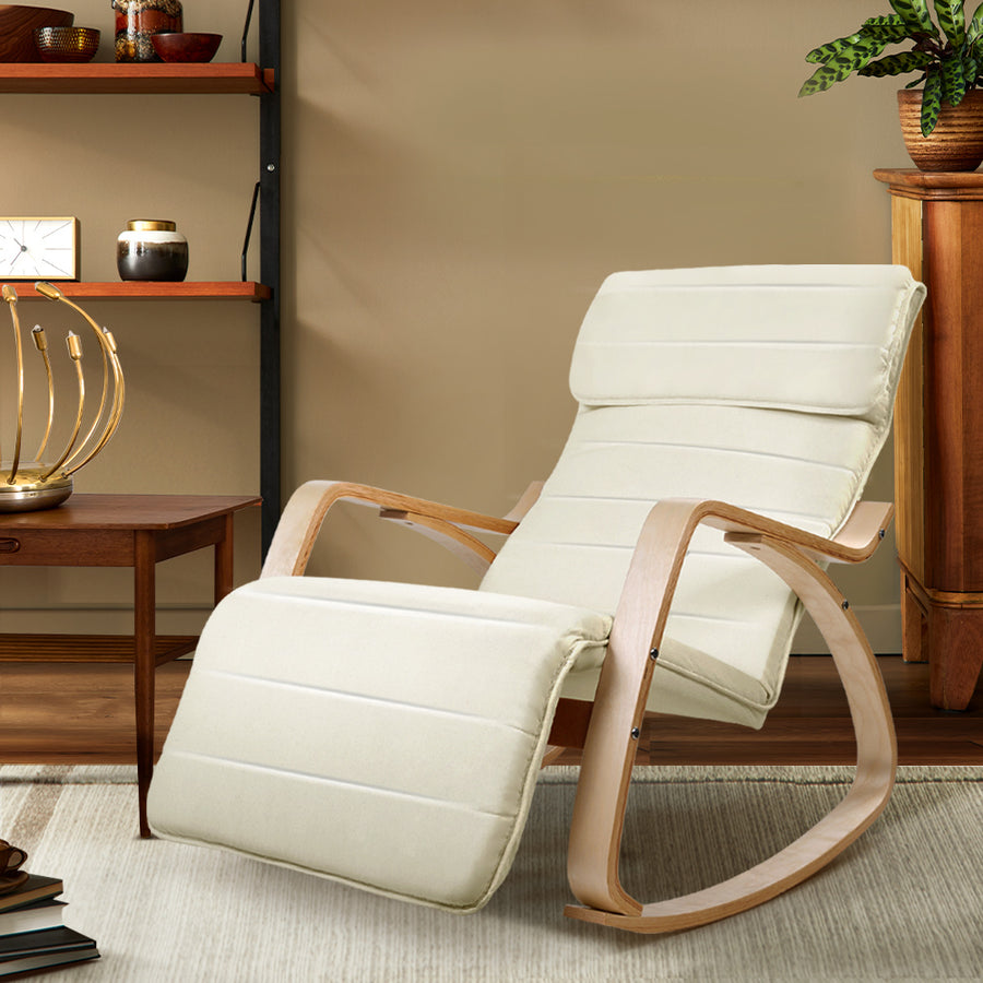 Fabric Rocking Armchair with Adjustable Footrest - Beige