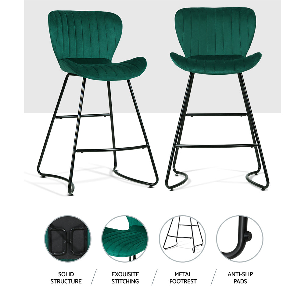 Artiss Set of 2 Bar Stools Kitchen Stool Velvet Dining Chairs Green Barstool Chair Metal