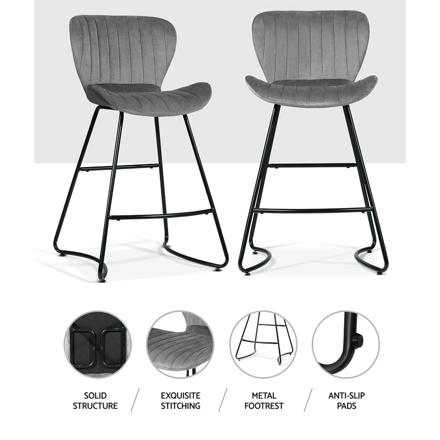 Artiss Set of 2 Bar Stools Kitchen Stool Velvet Dining Chairs Grey Barstool Chair Metal