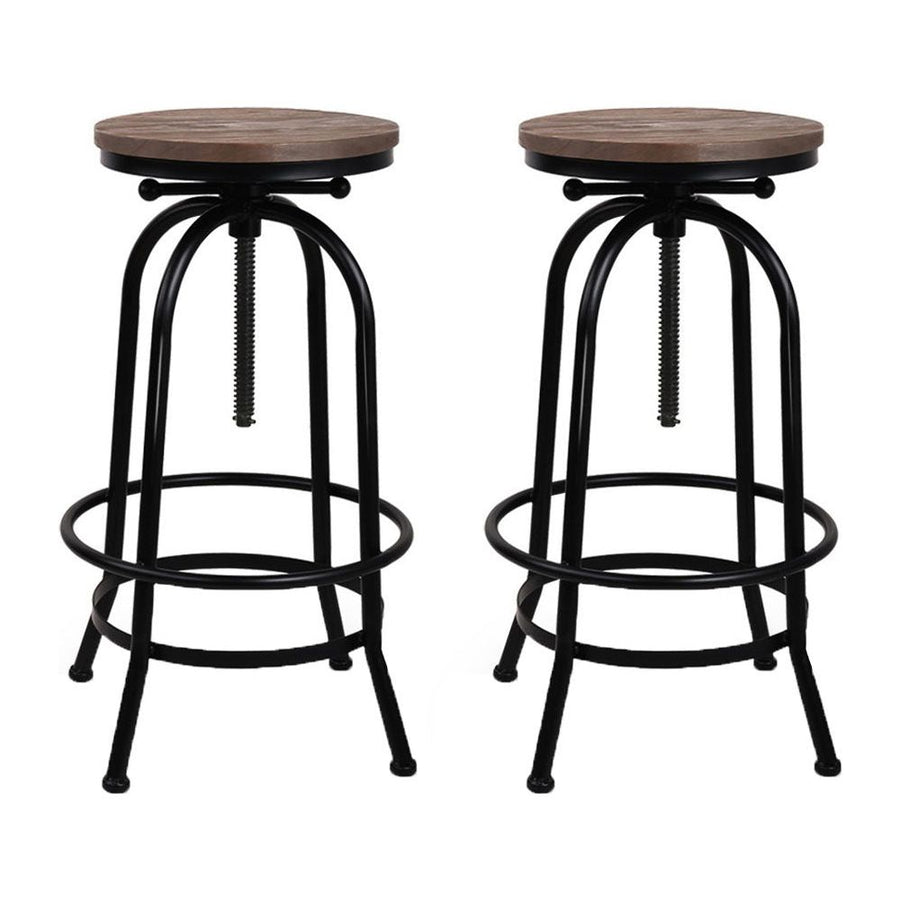 Set of 2 Bar Stool Industrial Round Seat Wood Metal - Black and Brown