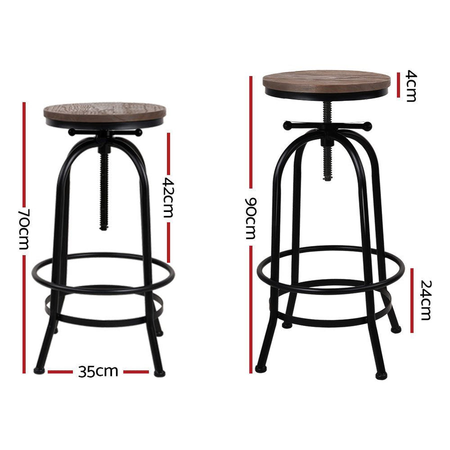 Set of 2 Bar Stool Industrial Round Seat Wood Metal - Black and Brown