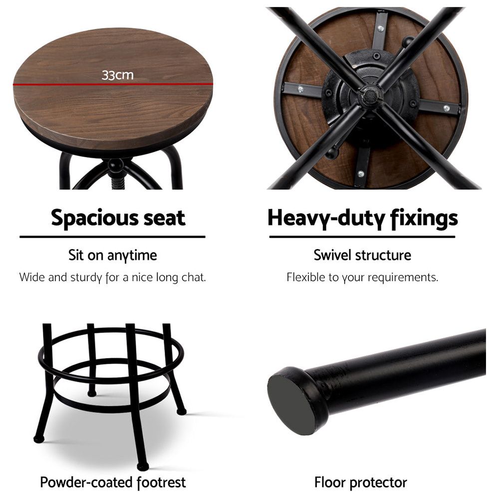 Set of 2 Bar Stool Industrial Round Seat Wood Metal - Black and Brown