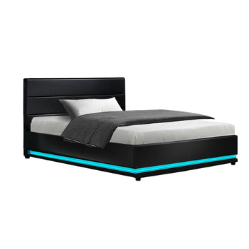 RGB LED Bed Frame King Single Size Gas Lift Base Storage Leather Lumi