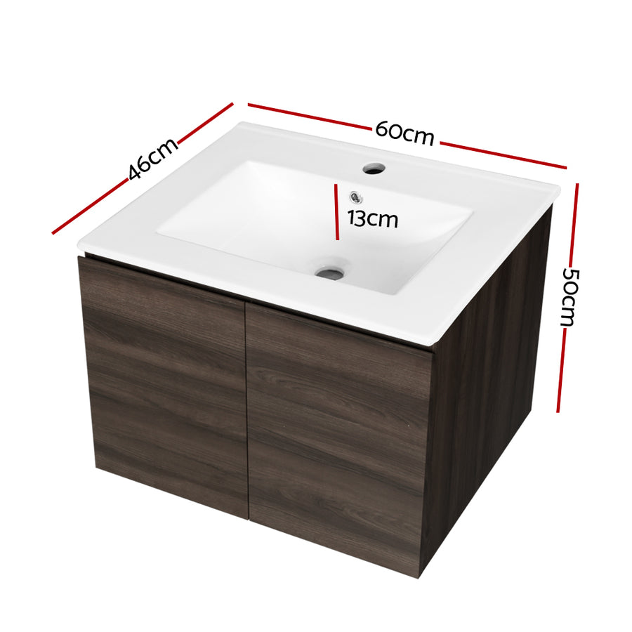 Cefito Bathroom Vanity Unit Ceramic Basin Cabinet Wall Mounted Storage 600mm Walnut