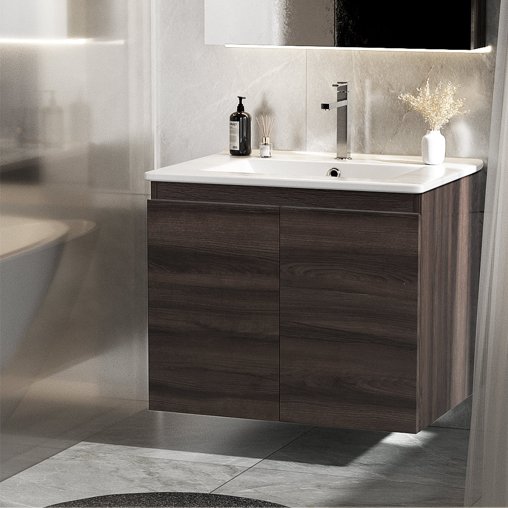 Cefito Bathroom Vanity Unit Ceramic Basin Cabinet Wall Mounted Storage 600mm Walnut