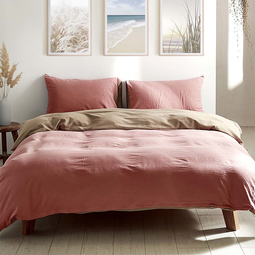 Washed Cotton Quilt Set Pink Brown Single