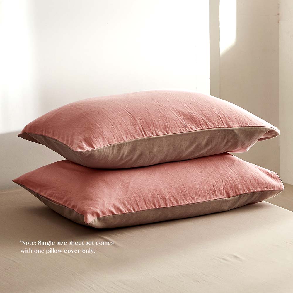 Washed Cotton Sheet Set Pink Brown Double