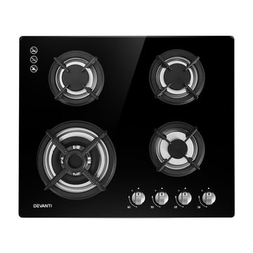 Gas Cooktop 60cm 4 Burner Ceramic Glass Cook Top Stove Hob Cooker LPG NG Black