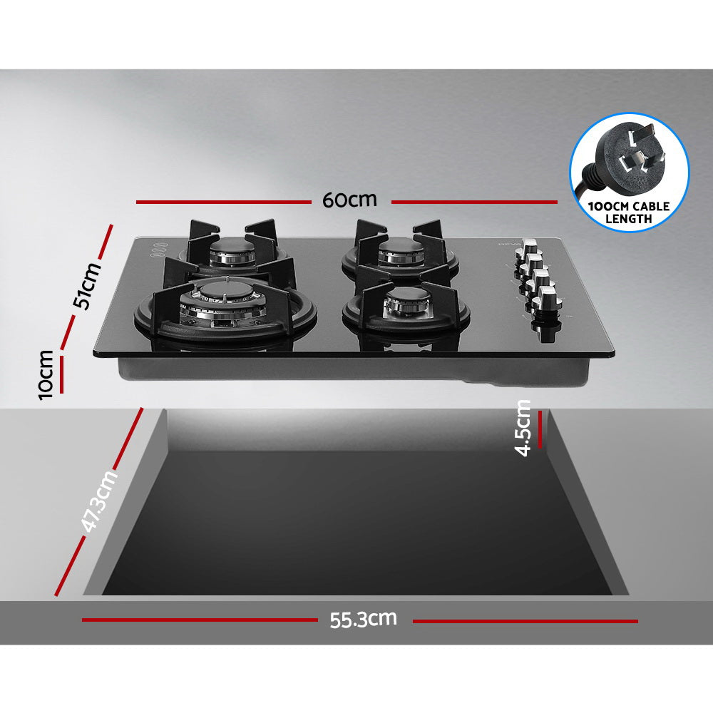 Gas Cooktop 60cm 4 Burner Glass Cook Top Cooker Stove Hob NG LPG Black