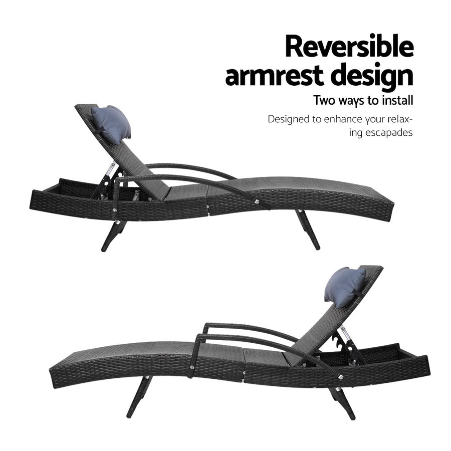 Set of 2 Sun Lounge Outdoor Furniture Wicker Lounger Rattan Day Bed Garden Patio Black