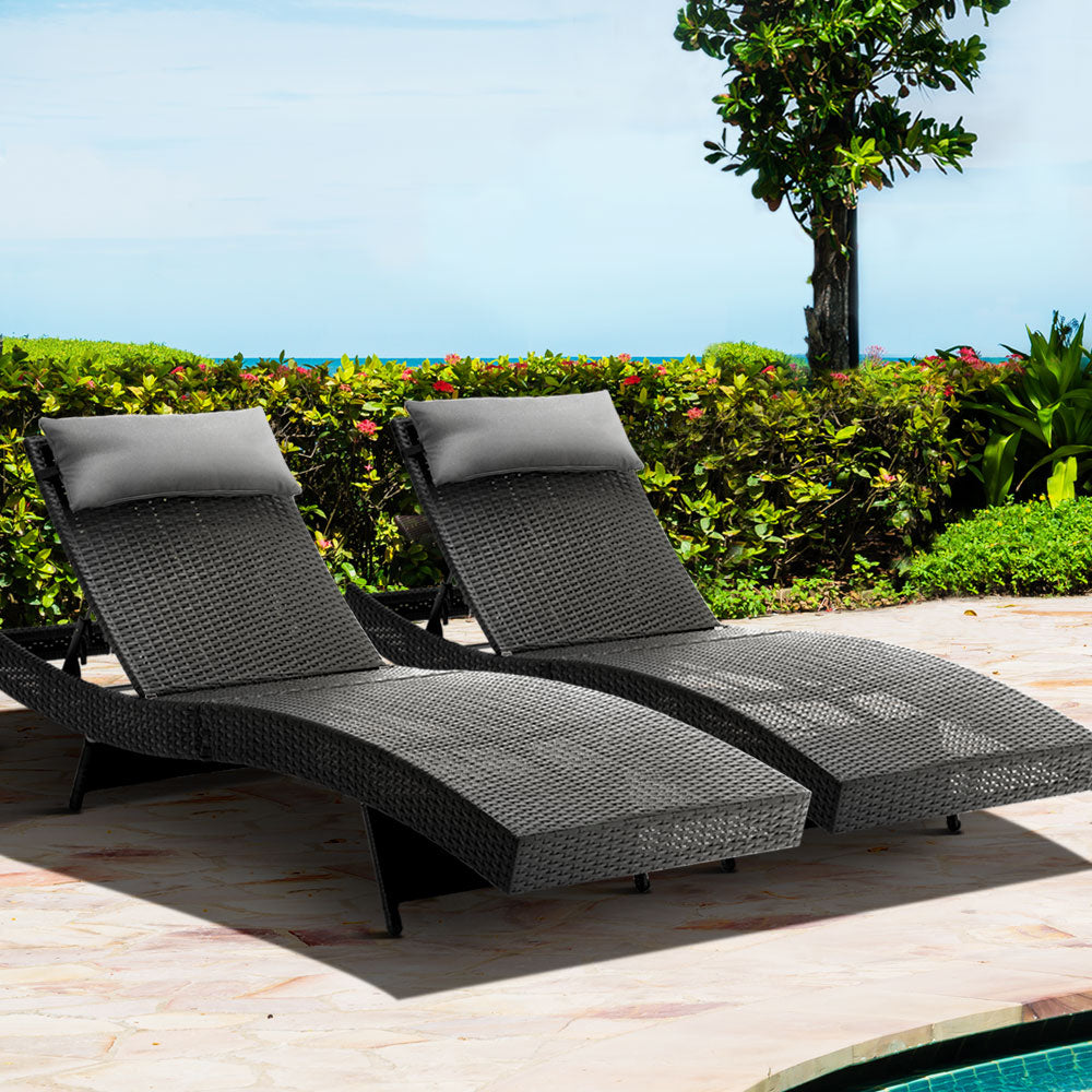 Outdoor Sun Lounge Setting Wicker Lounger Day Bed Rattan Patio Furniture Black