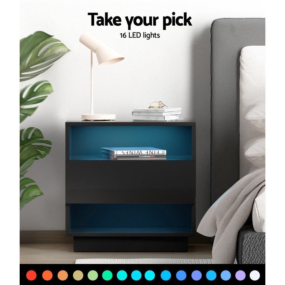 Bedside Tables Side Table RGB LED Drawers Nightstand High Gloss Black