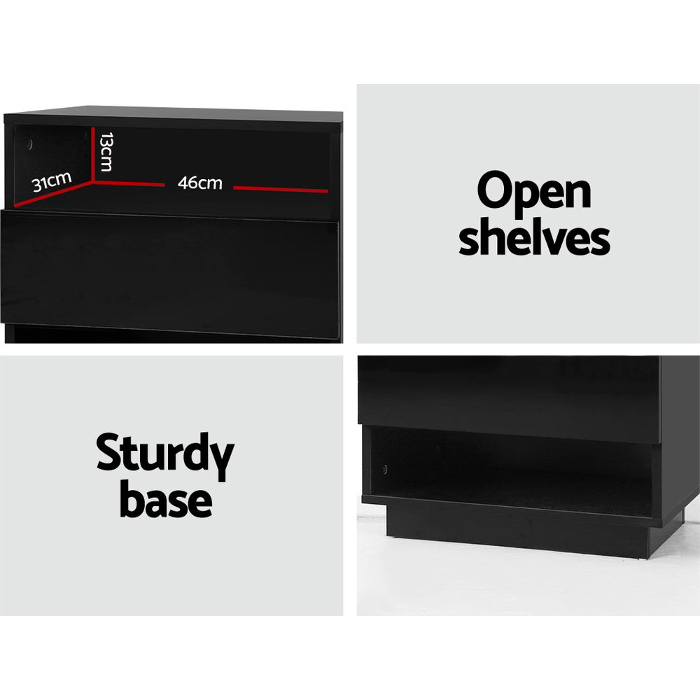 Bedside Tables Side Table RGB LED Drawers Nightstand High Gloss Black