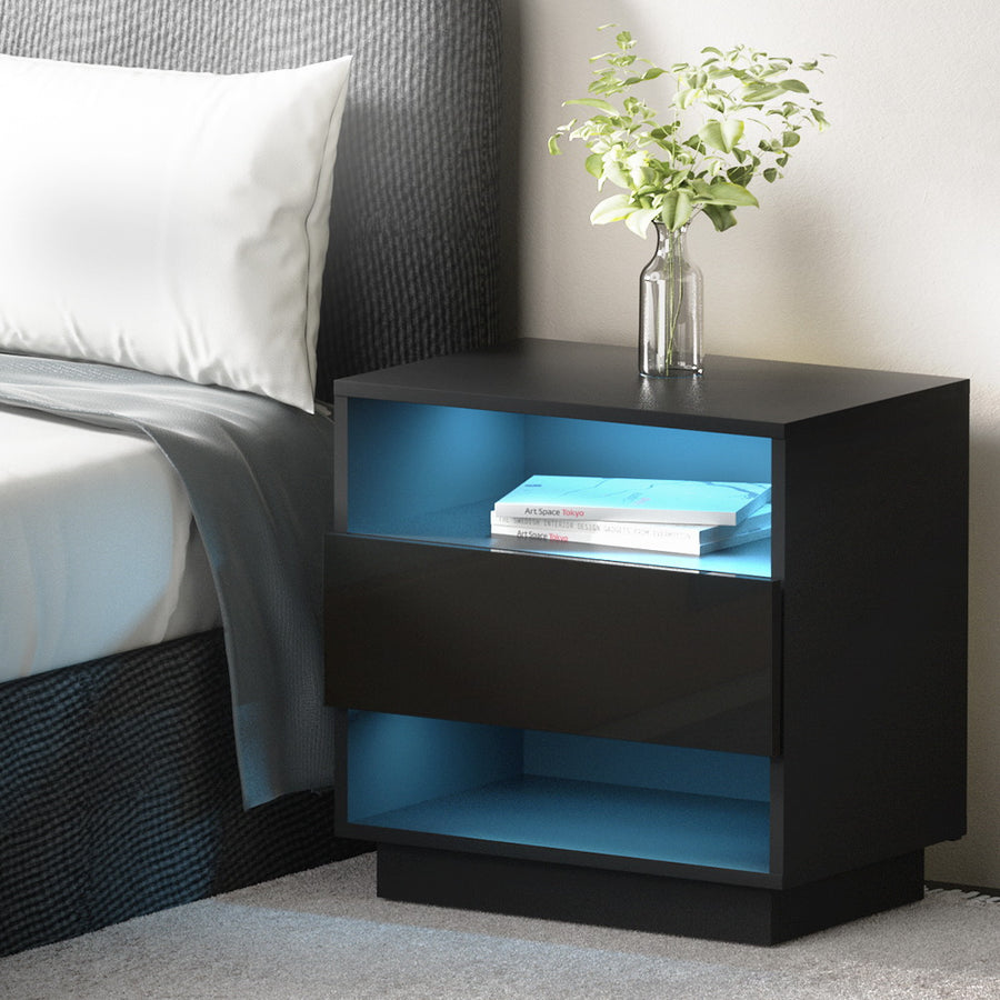 Bedside Tables Side Table RGB LED Drawers Nightstand High Gloss Black