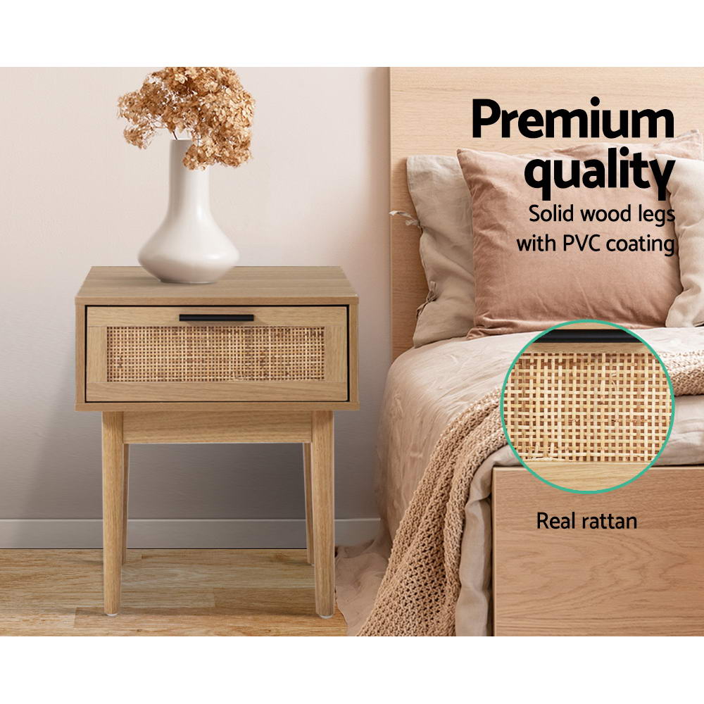 Bedside Tables Table 1 Drawer Storage Cabinet Rattan Wood Nightstand