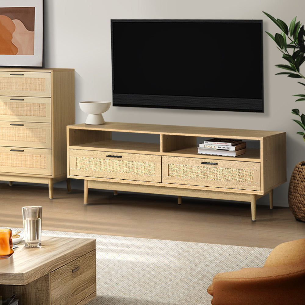 Entertainment Unit Wooden Rattan with Storage Drawer - 140CM