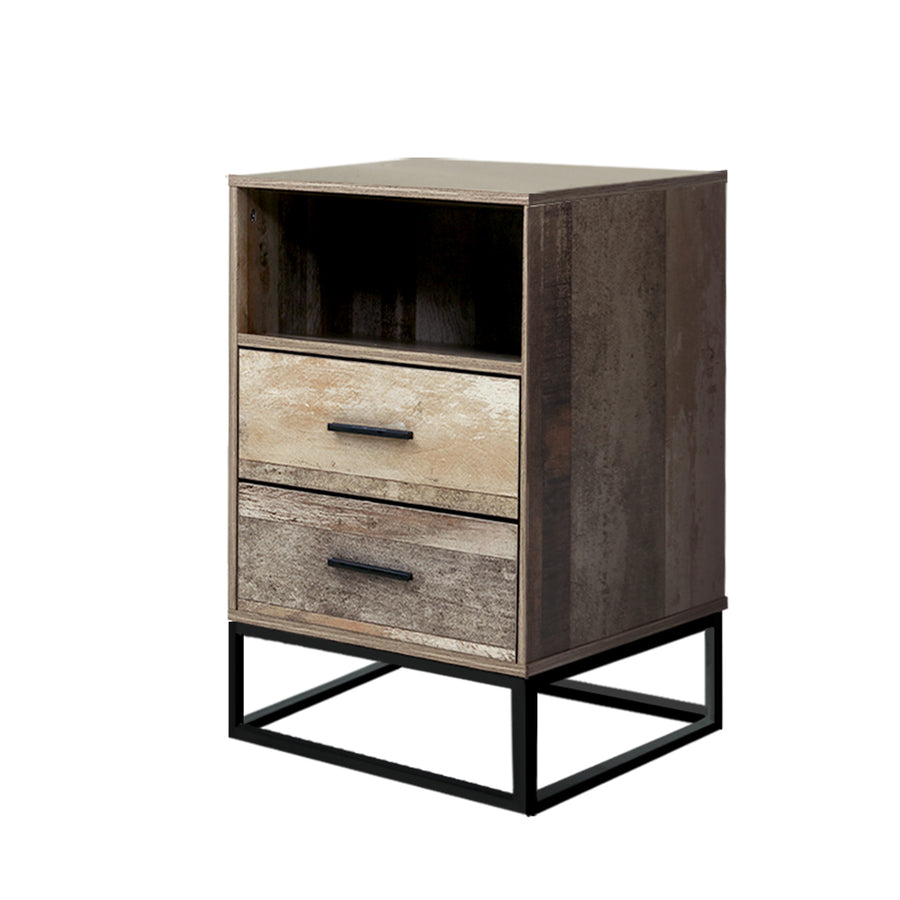 Aged Wood Bedside Table with Drawers And Black Frame