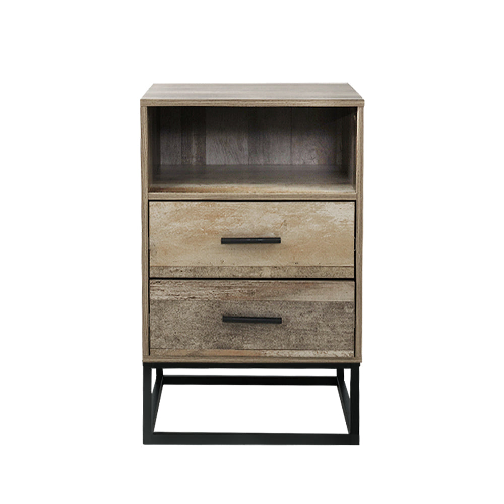 Aged Wood Bedside Table with Drawers And Black Frame