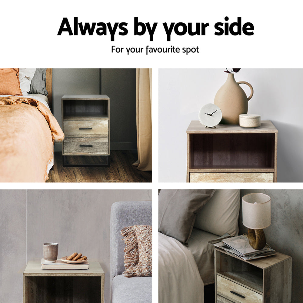 Aged Wood Bedside Table with Drawers And Black Frame