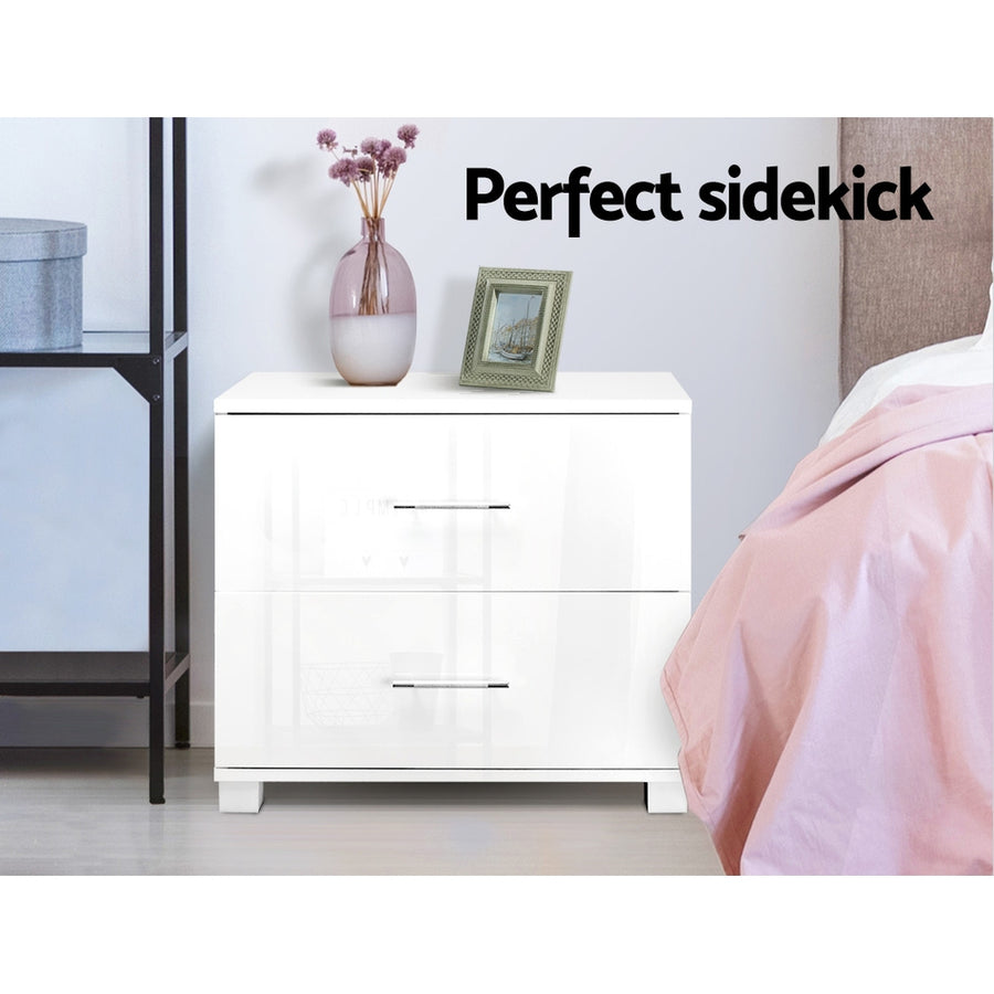 High Gloss Two Drawers Bedside Table - White