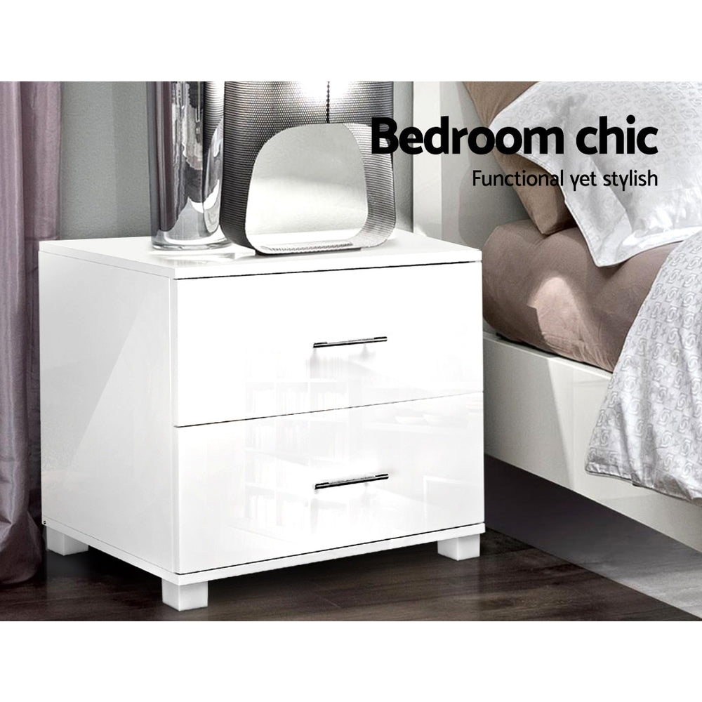 High Gloss Two Drawers Bedside Table - White