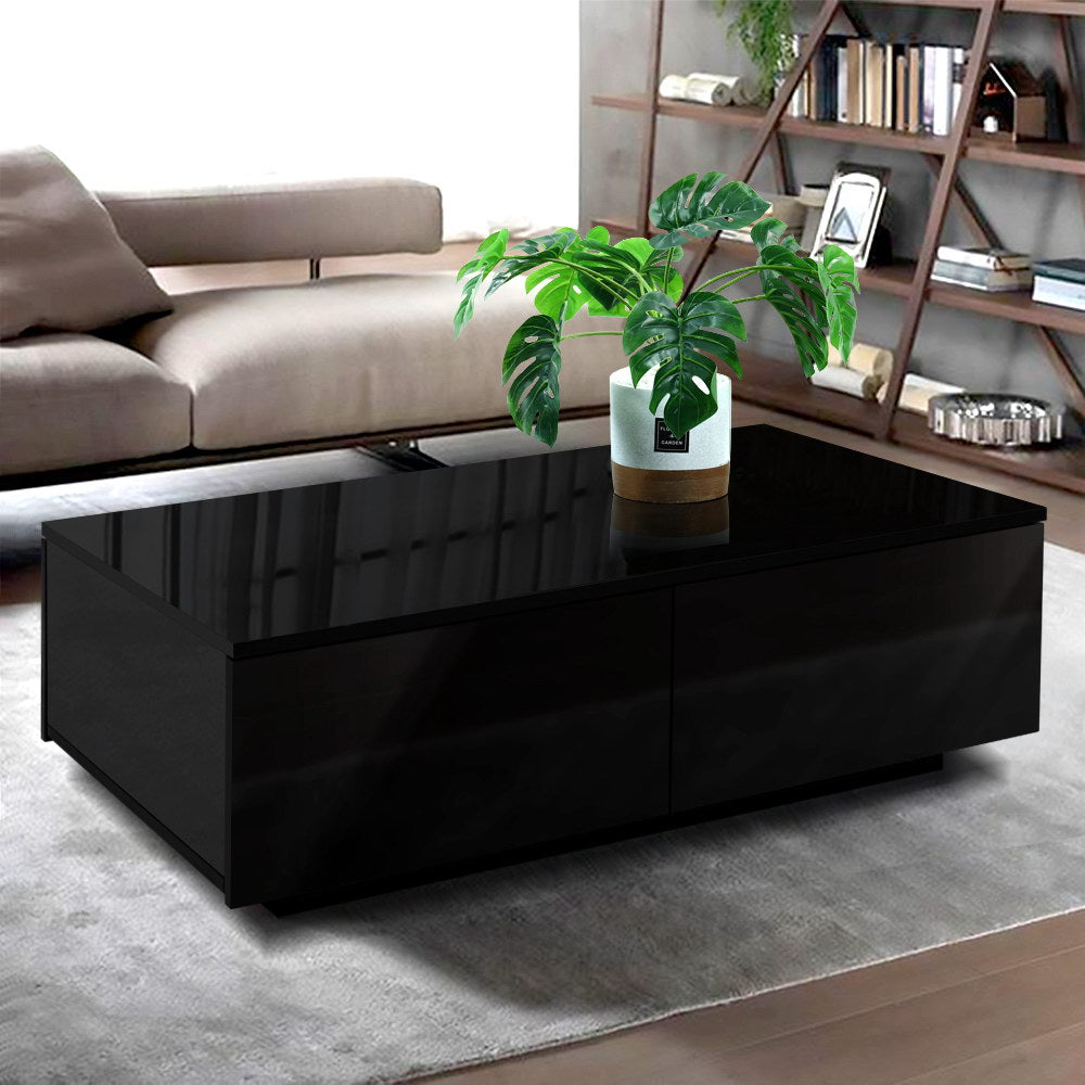 Modern Coffee Table 4 Storage Drawers High Gloss Living Room Furniture Black