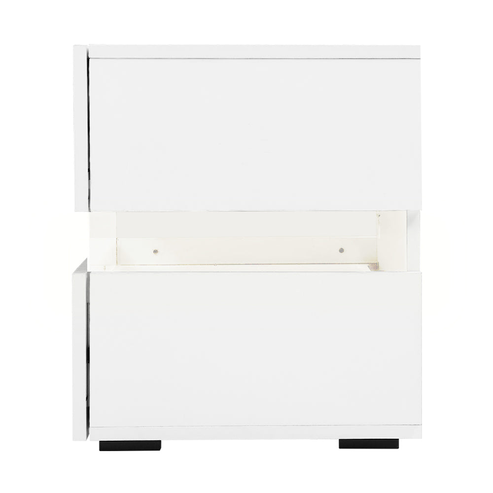 Bedside Table 2 Drawers RGB LED Side Nightstand High Gloss Cabinet White