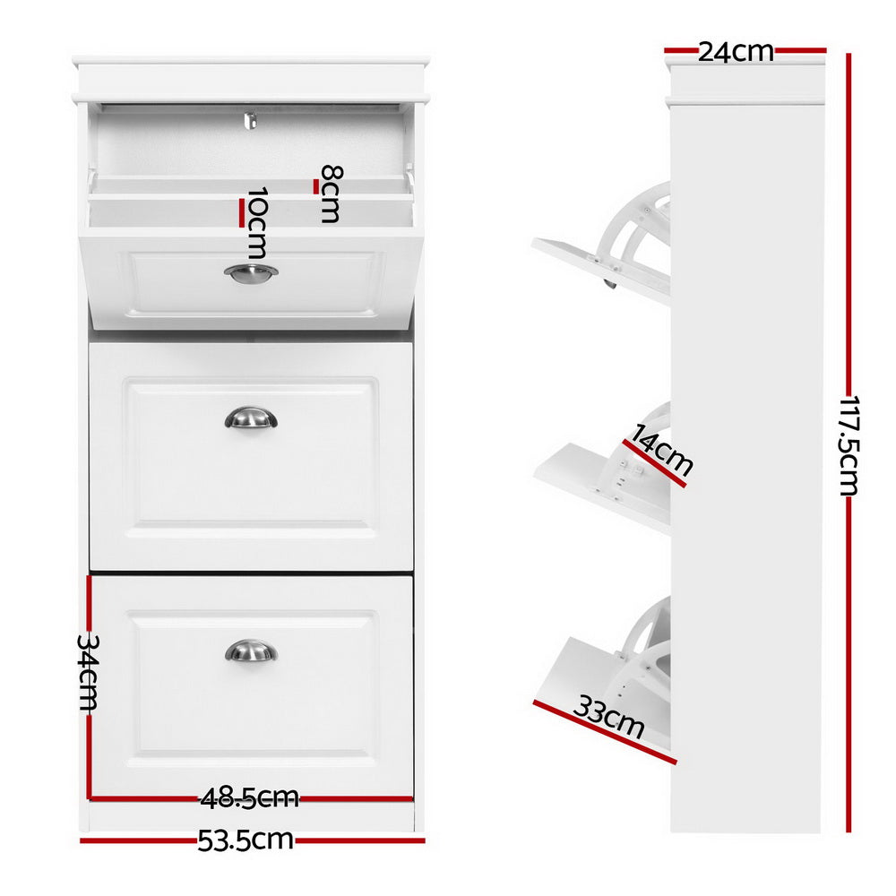 White Shoe Cabinet Tallboy With Drawers - Large