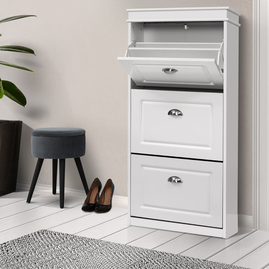 White Shoe Cabinet Tallboy With Drawers - Large