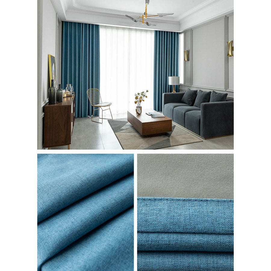 Classic Range Linen Blackout Draped Curtains - Deep Blue