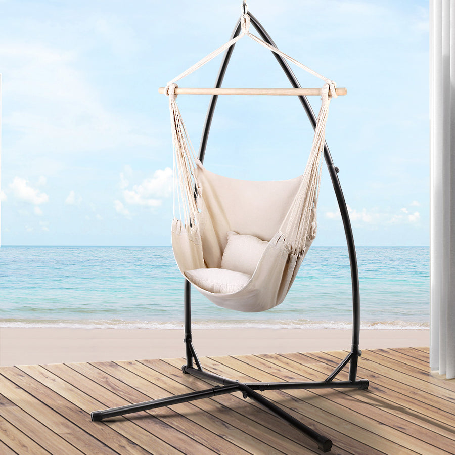 Outdoor Hammock Chair with Steel Stand Hanging Hammock with Pillow Cream