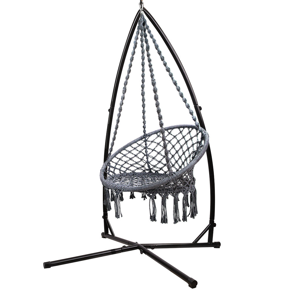 Outdoor Hammock Chair with Steel Stand Cotton Swing Hanging 124CM Grey