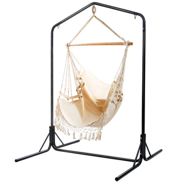 Outdoor Hammock Chair with Stand Tassel Hanging Rope Hammocks Cream