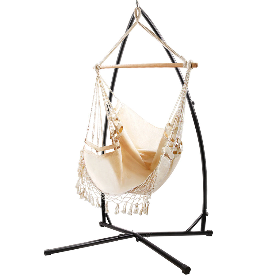 Outdoor Hammock Chair with Steel Stand Tassel Hanging Rope Hammock Cream