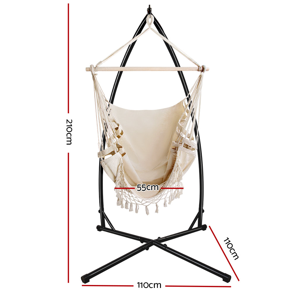 Outdoor Hammock Chair with Steel Stand Tassel Hanging Rope Hammock Cream