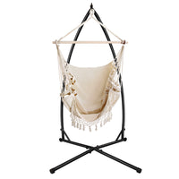 Outdoor Hammock Chair with Steel Stand Tassel Hanging Rope Hammock Cream