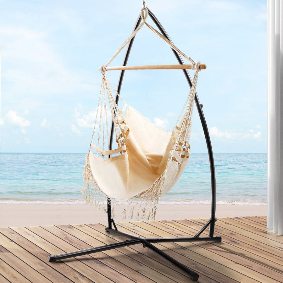 Outdoor Hammock Chair with Steel Stand Tassel Hanging Rope Hammock Cream