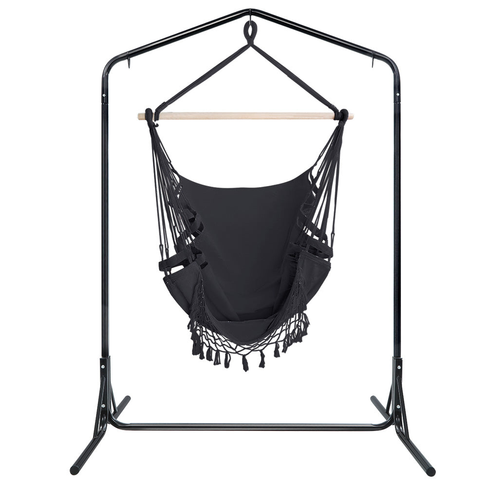 Outdoor Hammock Chair with Stand Tassel Hanging Rope Hammocks Grey