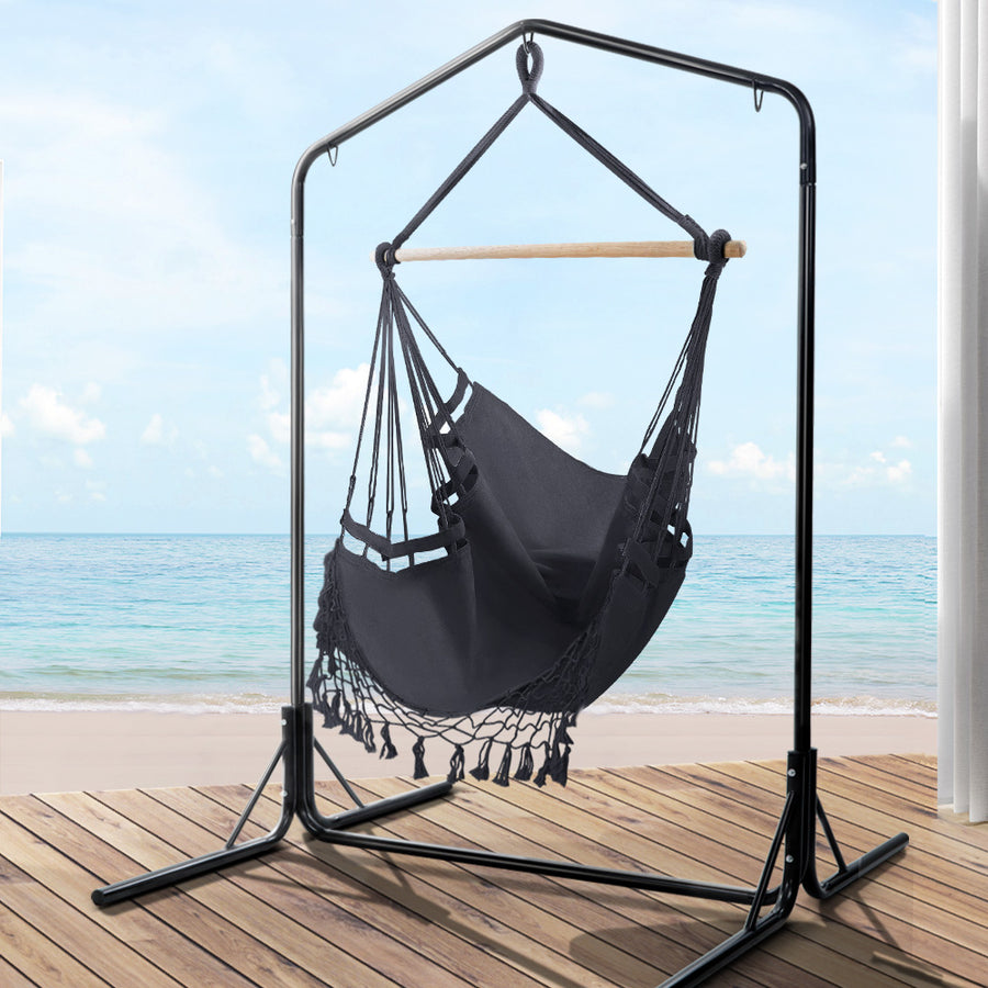 Outdoor Hammock Chair with Stand Tassel Hanging Rope Hammocks Grey