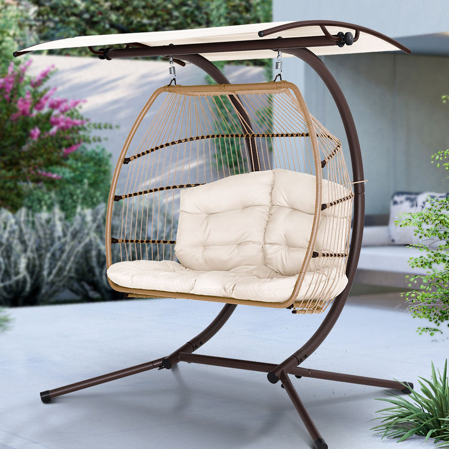 Outdoor Furniture Lounge Hanging Swing Chair Egg Hammock Stand Rattan Wicker Latte