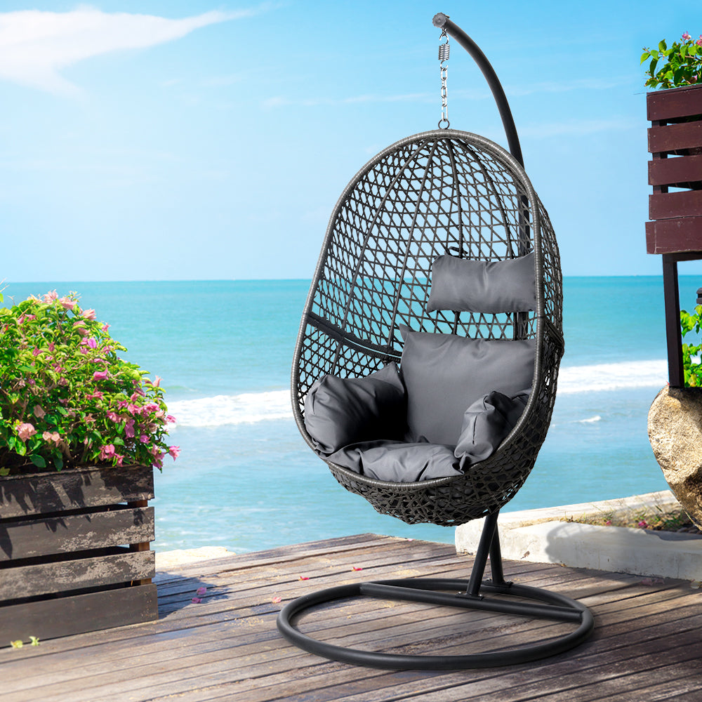 Swing Chair Egg Hammock With Stand Outdoor Furniture Wicker Seat Black