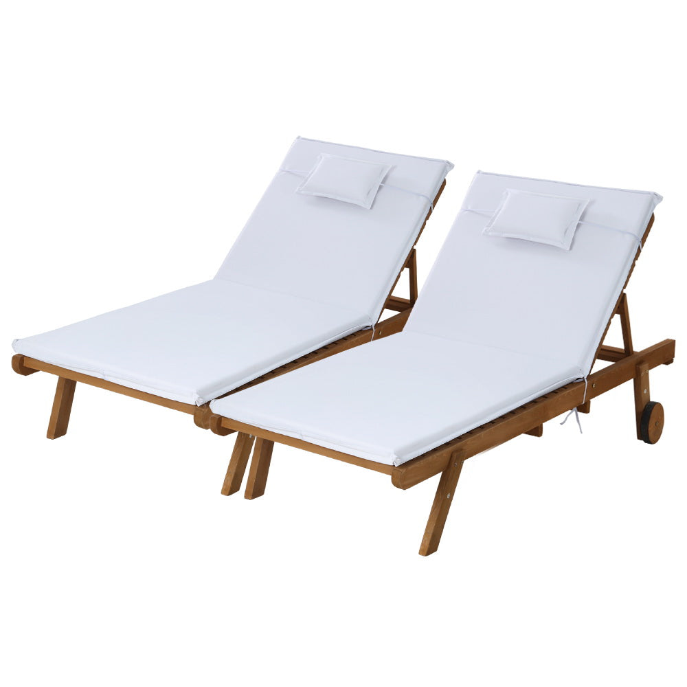 2pc Sun Lounge Wooden Lounger Day Bed - White