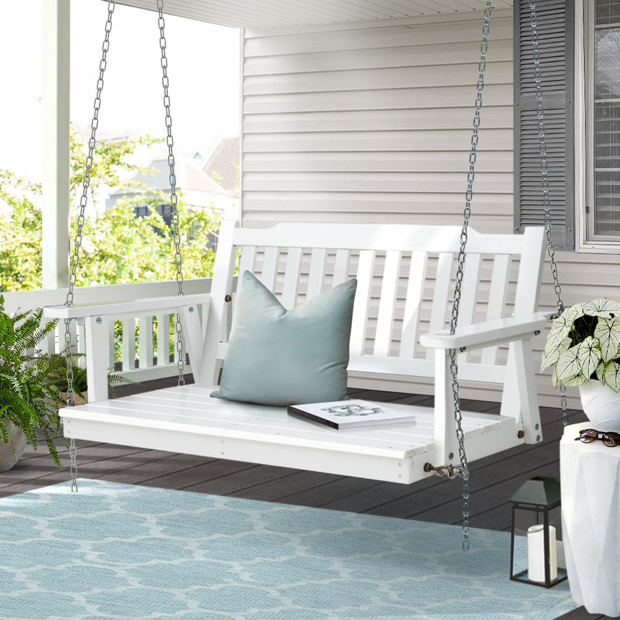 Porch Swing Chair with Chain Garden Bench Outdoor Furniture Wooden White