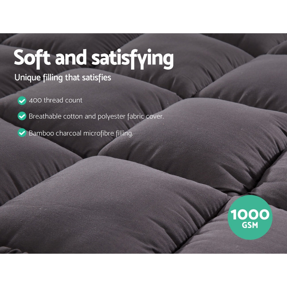 Double Mattress Topper Pillowtop 1000GSM Charcoal Microfibre Bamboo Fibre Filling