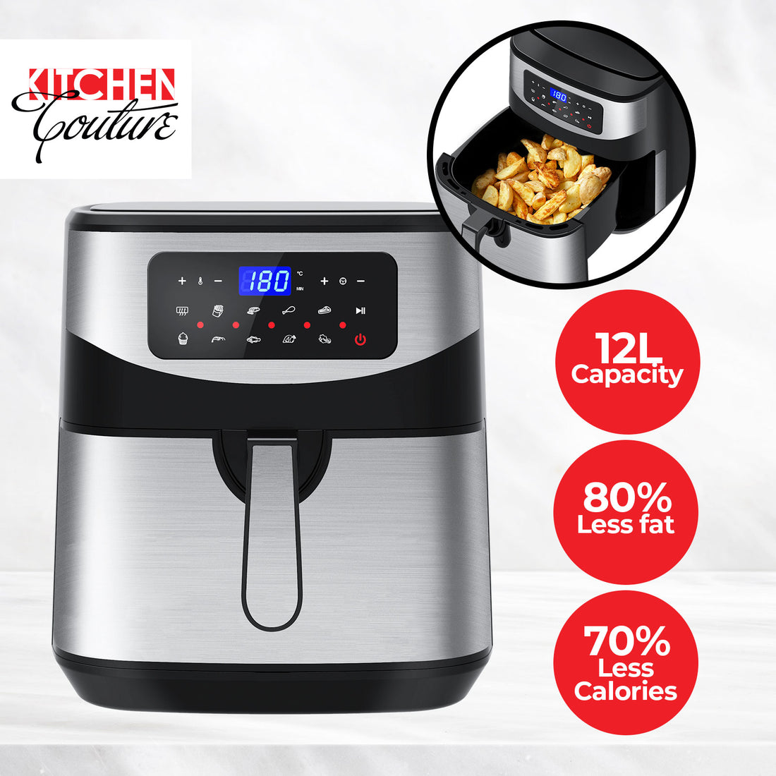 12 Litre Air Fryer Multifunctional LCD One Touch Display - Silver