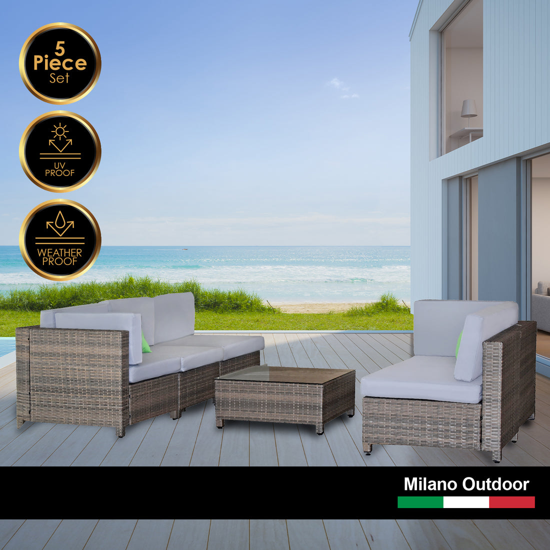 5 Piece Outdoor Sofa Set Rattan Oatmeal Black Patio Garden Lounge