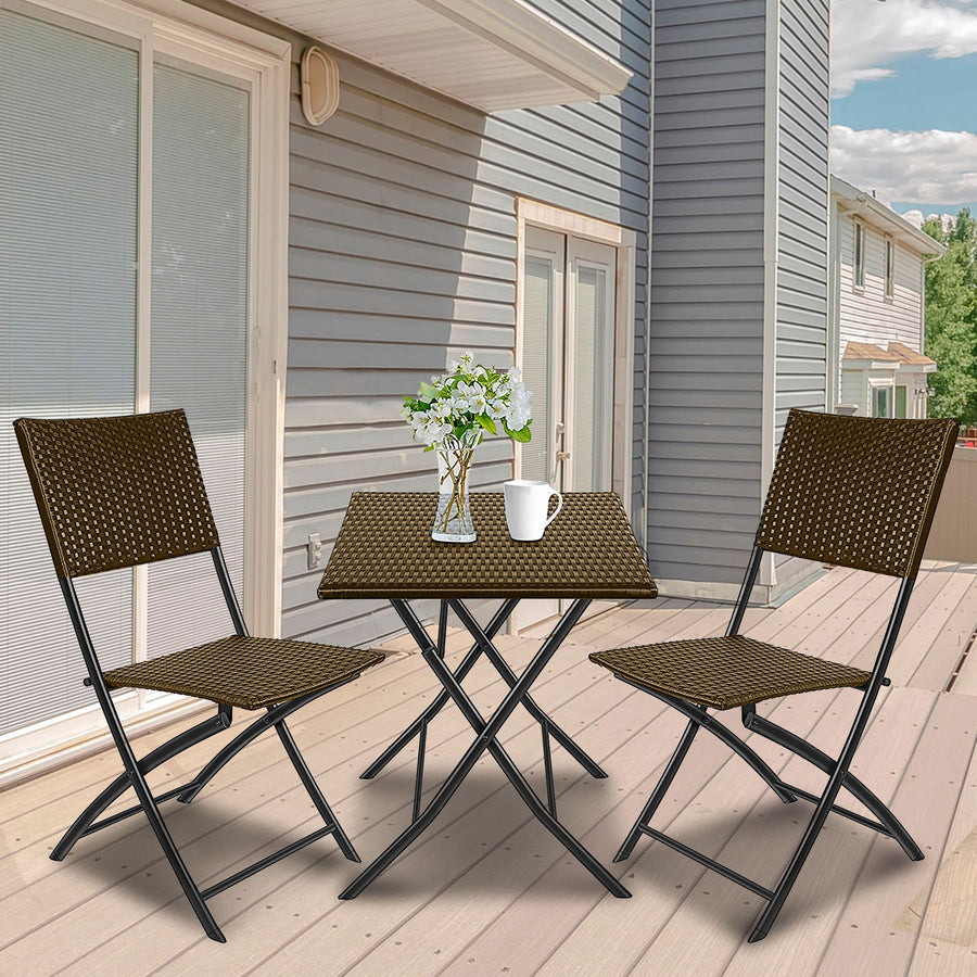 Outdoor 3 Piece Foldable Rattan Coffee Table Set Garden Patio - Oatmeal