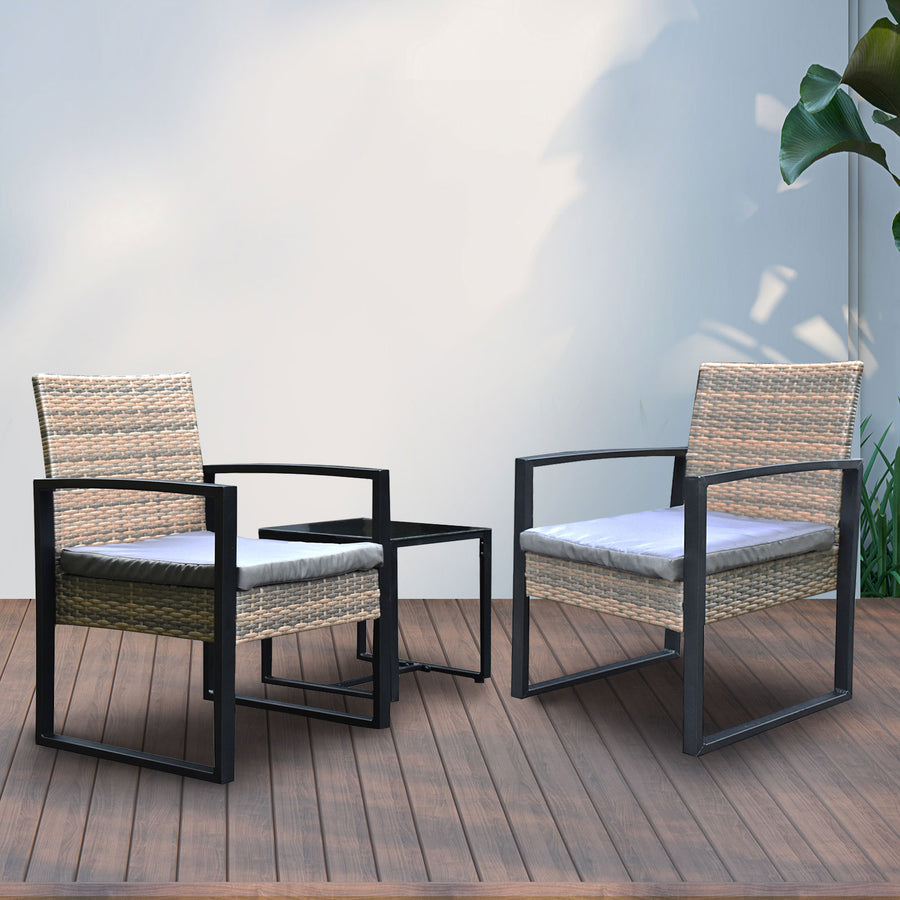 Outdoor 3 Piece Wicker Rattan Patio Set Garden Patio Home - Oatmeal and Grey